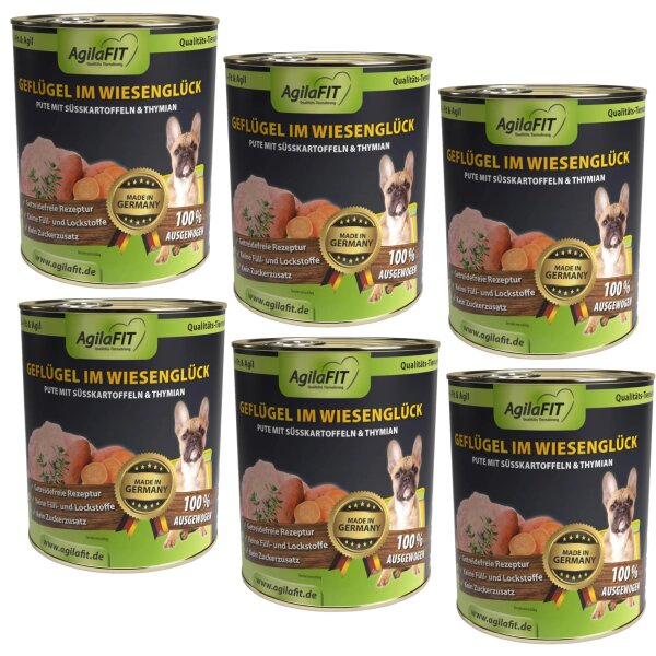 Geflügel im Wiesenglück,Hunde Nassfutter Getreidefrei 800g 6 Stück