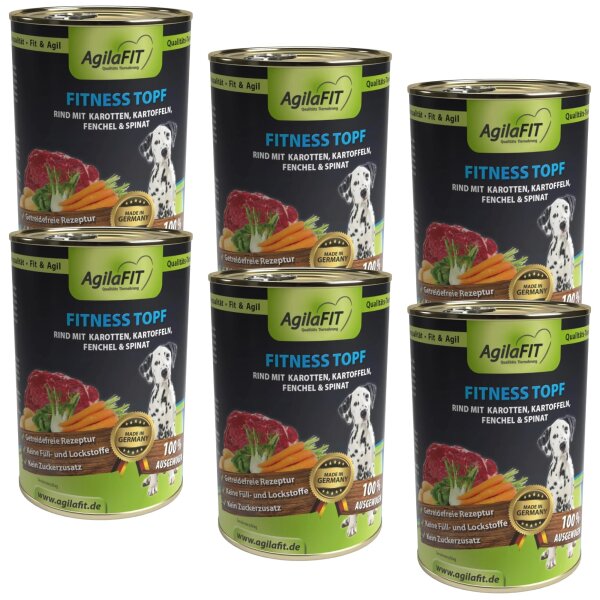 AgilaFIT Fitnesstopf, Hunde Nassfutter Getreidefrei,Premium Hundenassfutter 100% ausgewogen mit feinem Rind,Karotten,Kartoffel,Fenchel & Spinat 6er Pack 6x400g