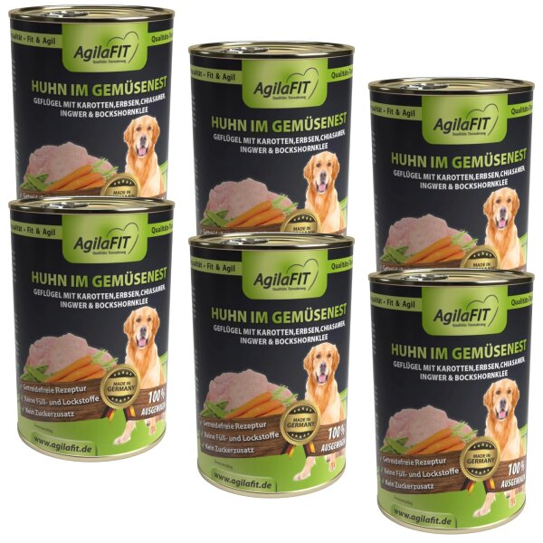 AgilaFIT Huhn im Gemüsenes, Premium Hunde Nassfutter Getreidefrei,100% ausgewogen mit feinem Huhn,Karotten,Erbsen,Chiasamen,Ingwer & Bockshornklee 6er Pack 6x400g