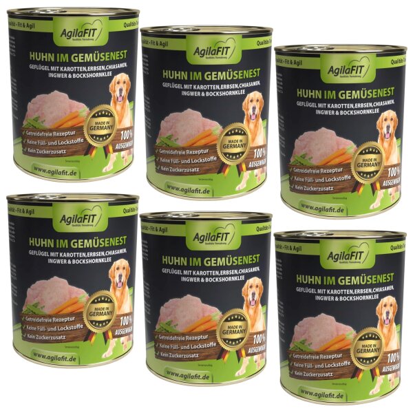 AgilaFIT Huhn im Gemüsenes, Premium Hunde Nassfutter Getreidefrei,100% ausgewogen mit feinem Huhn, Karotten, Erbsen, Chiasamen, Ingwer & Bockshornklee 6er Pack 6x800g