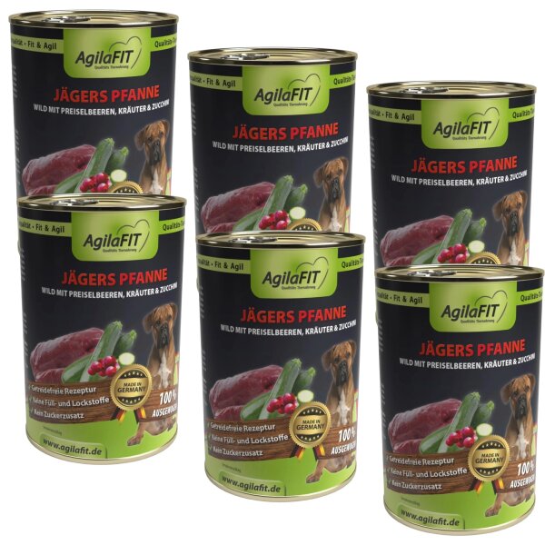 AgilaFIT Jägerspfanne, Premium Hunde Nassfutter Getreidefrei,100% ausgewogen mit feinem Wild, Preiselbeeren, Kräuter & Zucchini, 6er Pack 6x400g