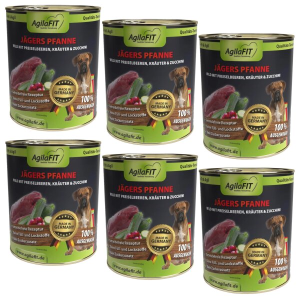 AgilaFIT Jägerspfanne, Premium Hunde Nassfutter Getreidefrei,100% ausgewogen mit feinem Wild,  Preiselbeeren, Kräuter & Zucchini, 6er Pack 6x800g