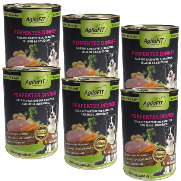 AgilaFIT Perfektes Dinner, Hunde Nassfutter Premium, getreidefrei, 100% ausgewogen mit feinem Kalb, Kartoffeln, Karotten, Sellerie & Liebstöckel  6er Pack 6x400g
