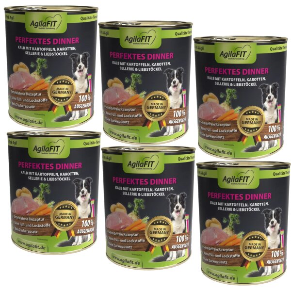 AgilaFIT Perfektes Dinner, Hunde Nassfutter Premium, Getreidefrei, 100% ausgewogen mit feinem Kalb,Kartoffeln,Karotten,Sellerie & Liebstöckel  6er Pack 6x800g
